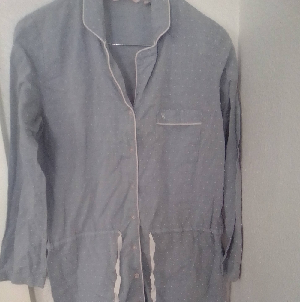 Victoria's Secret Long Sleeve Drawstring Pajamas Small Light Blue Polka Dot